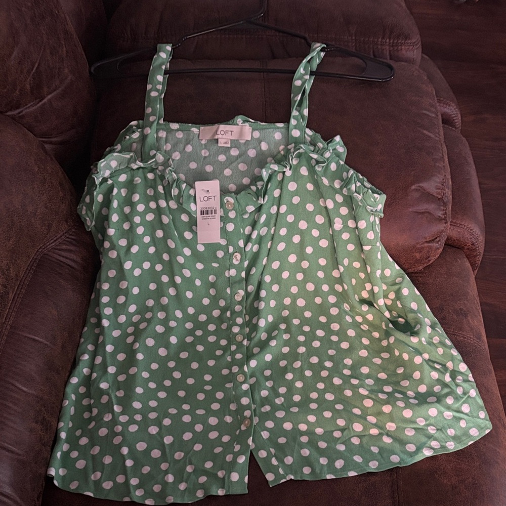 LOFT Green and White Polka Dot Blouse